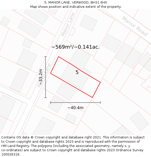 5, MANOR LANE, VERWOOD, BH31 6HX: Plot and title map