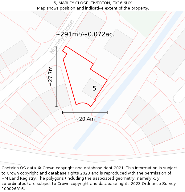 5, MARLEY CLOSE, TIVERTON, EX16 6UX: Plot and title map