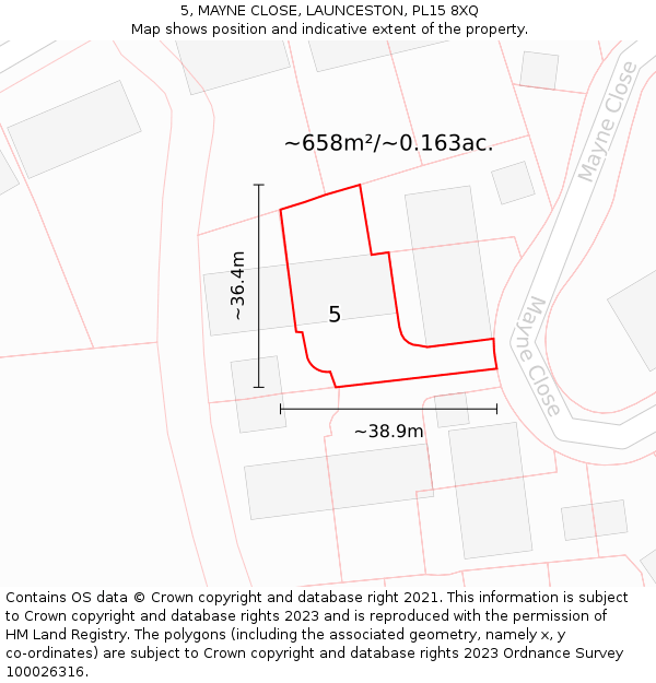 5, MAYNE CLOSE, LAUNCESTON, PL15 8XQ: Plot and title map