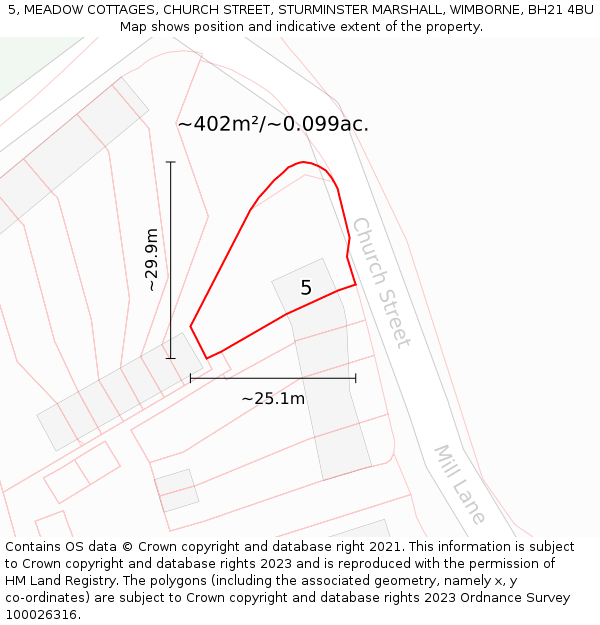 5, MEADOW COTTAGES, CHURCH STREET, STURMINSTER MARSHALL, WIMBORNE, BH21 4BU: Plot and title map