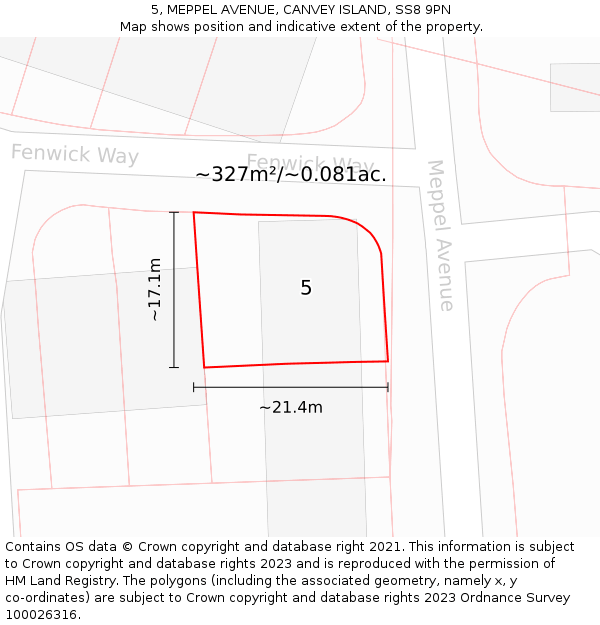 5, MEPPEL AVENUE, CANVEY ISLAND, SS8 9PN: Plot and title map