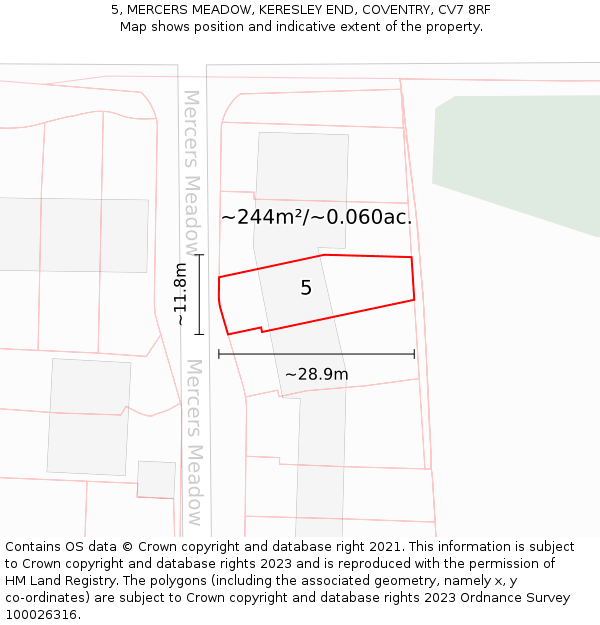 5, MERCERS MEADOW, KERESLEY END, COVENTRY, CV7 8RF: Plot and title map