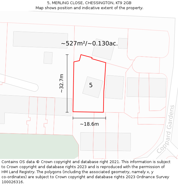 5, MERLING CLOSE, CHESSINGTON, KT9 2GB: Plot and title map