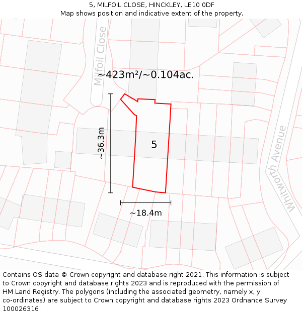 5, MILFOIL CLOSE, HINCKLEY, LE10 0DF: Plot and title map