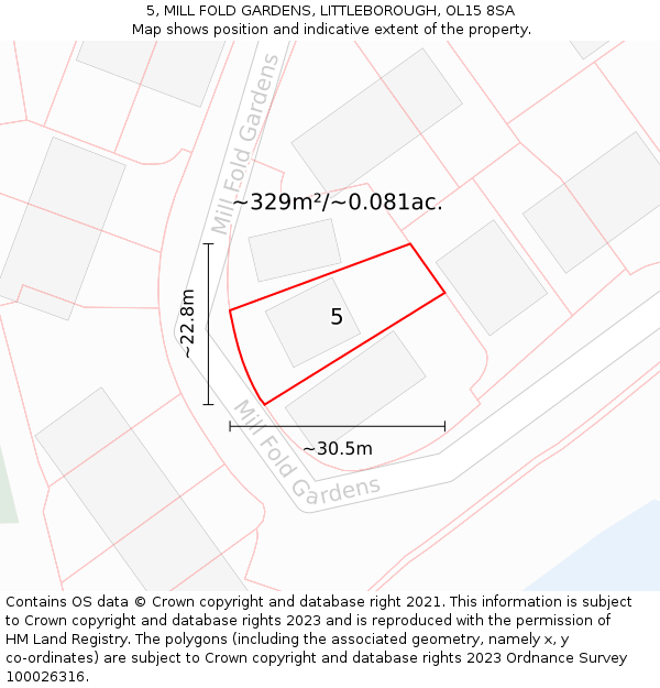 5, MILL FOLD GARDENS, LITTLEBOROUGH, OL15 8SA: Plot and title map