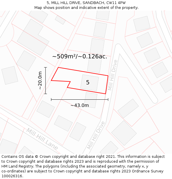 5, MILL HILL DRIVE, SANDBACH, CW11 4PW: Plot and title map