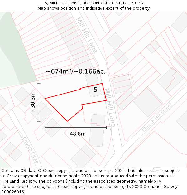 5, MILL HILL LANE, BURTON-ON-TRENT, DE15 0BA: Plot and title map