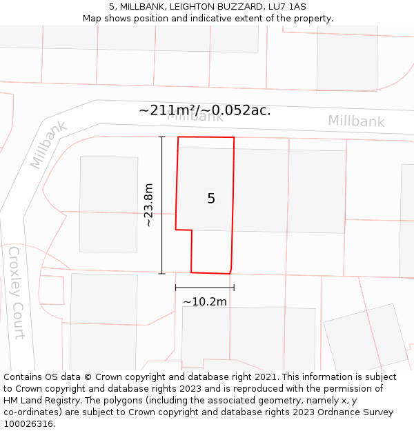 5, MILLBANK, LEIGHTON BUZZARD, LU7 1AS: Plot and title map