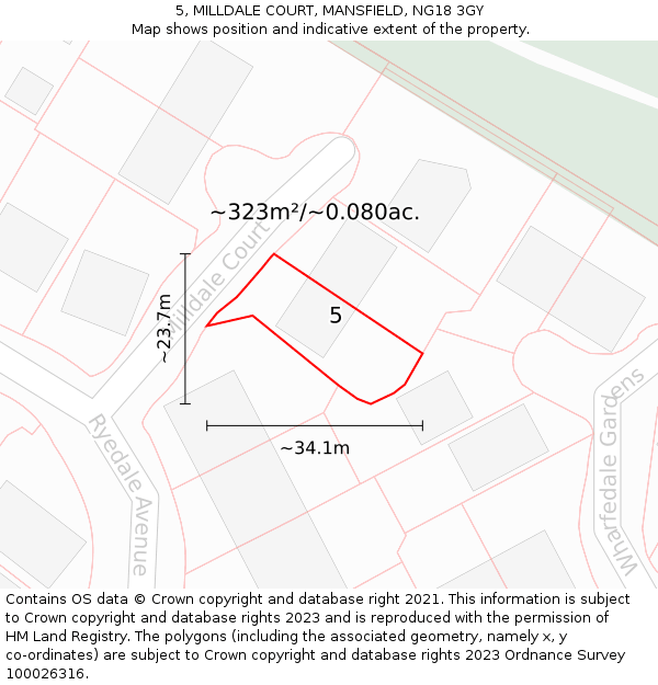 5, MILLDALE COURT, MANSFIELD, NG18 3GY: Plot and title map