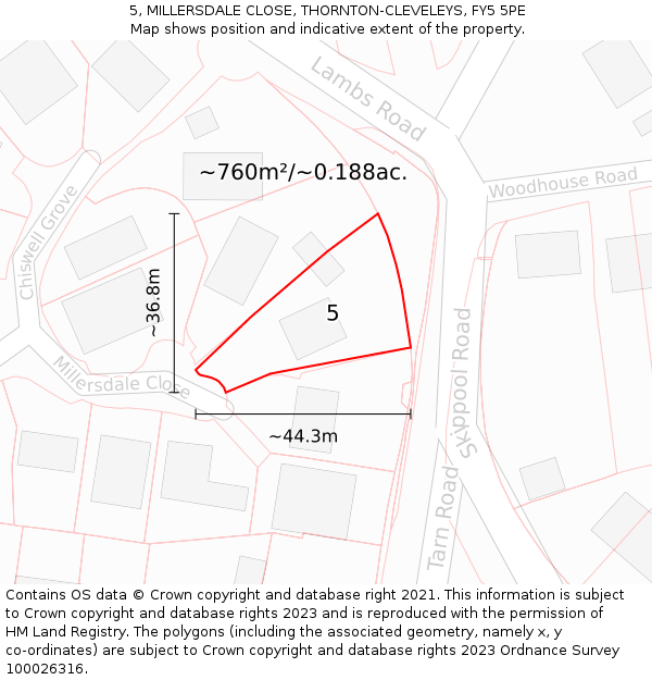 5, MILLERSDALE CLOSE, THORNTON-CLEVELEYS, FY5 5PE: Plot and title map