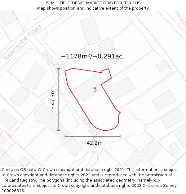 5, MILLFIELD DRIVE, MARKET DRAYTON, TF9 1HS: Plot and title map