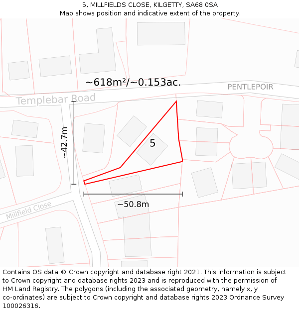 5, MILLFIELDS CLOSE, KILGETTY, SA68 0SA: Plot and title map