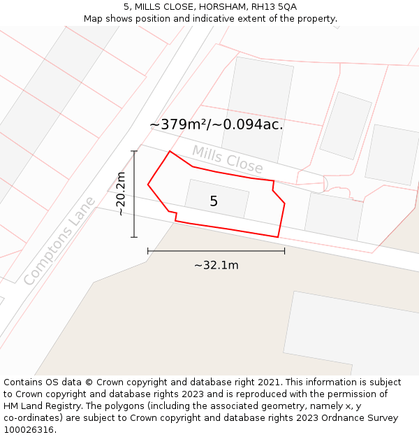 5, MILLS CLOSE, HORSHAM, RH13 5QA: Plot and title map