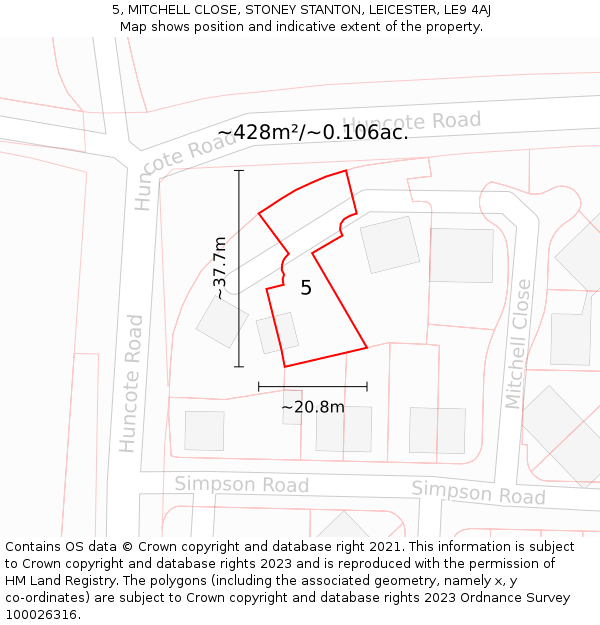 5, MITCHELL CLOSE, STONEY STANTON, LEICESTER, LE9 4AJ: Plot and title map