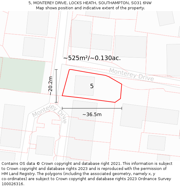 5, MONTEREY DRIVE, LOCKS HEATH, SOUTHAMPTON, SO31 6NW: Plot and title map