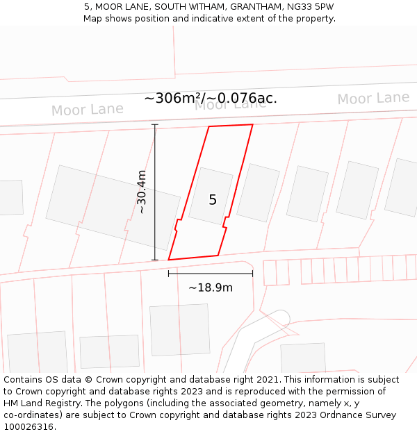 5, MOOR LANE, SOUTH WITHAM, GRANTHAM, NG33 5PW: Plot and title map