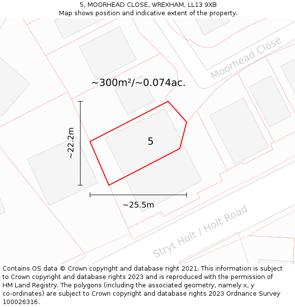 5, MOORHEAD CLOSE, WREXHAM, LL13 9XB: Plot and title map