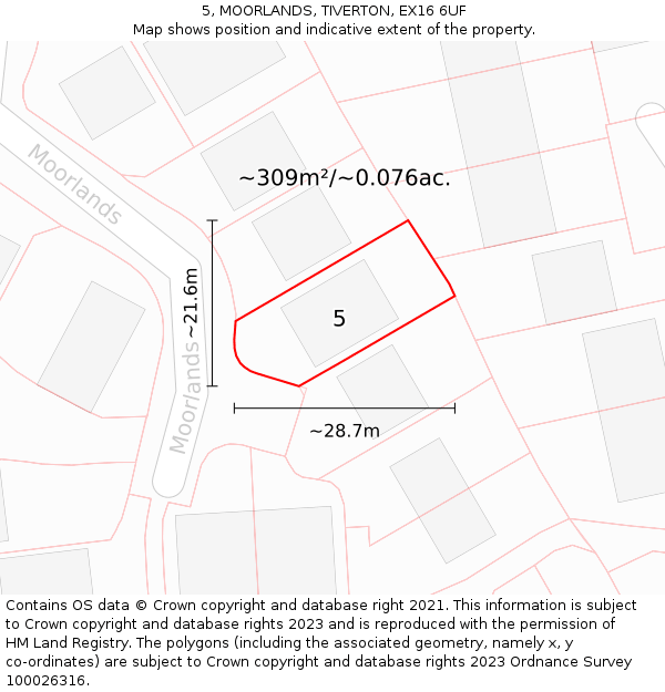 5, MOORLANDS, TIVERTON, EX16 6UF: Plot and title map