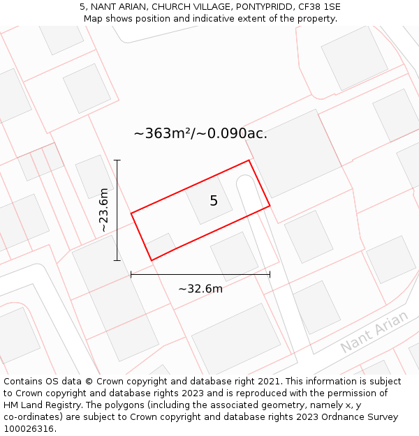 5, NANT ARIAN, CHURCH VILLAGE, PONTYPRIDD, CF38 1SE: Plot and title map