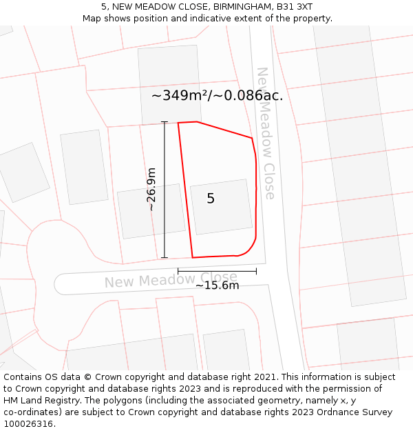 5, NEW MEADOW CLOSE, BIRMINGHAM, B31 3XT: Plot and title map