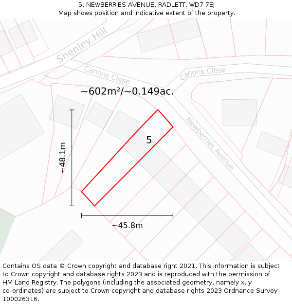 5, NEWBERRIES AVENUE, RADLETT, WD7 7EJ: Plot and title map