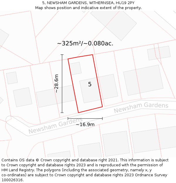 5, NEWSHAM GARDENS, WITHERNSEA, HU19 2PY: Plot and title map