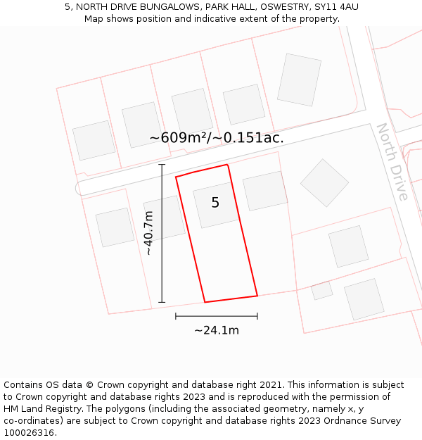 5, NORTH DRIVE BUNGALOWS, PARK HALL, OSWESTRY, SY11 4AU: Plot and title map