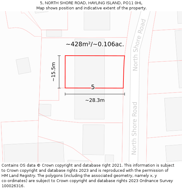 5, NORTH SHORE ROAD, HAYLING ISLAND, PO11 0HL: Plot and title map