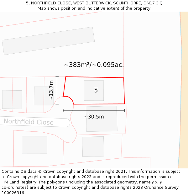 5, NORTHFIELD CLOSE, WEST BUTTERWICK, SCUNTHORPE, DN17 3JQ: Plot and title map