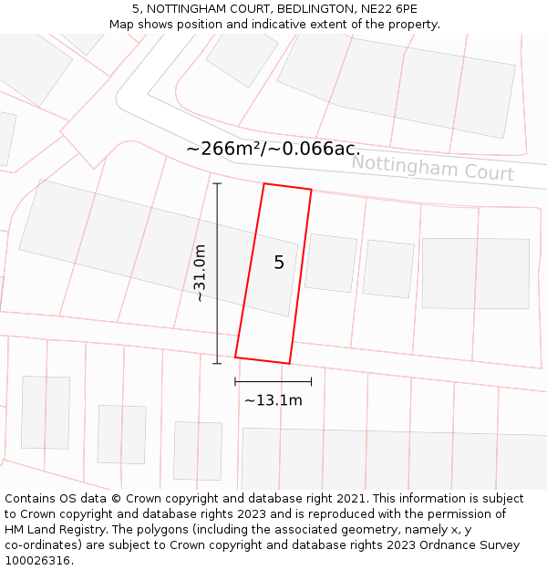 5, NOTTINGHAM COURT, BEDLINGTON, NE22 6PE: Plot and title map