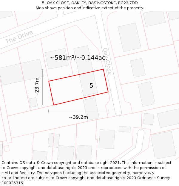 5, OAK CLOSE, OAKLEY, BASINGSTOKE, RG23 7DD: Plot and title map