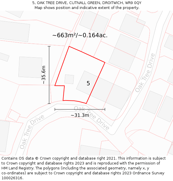 5, OAK TREE DRIVE, CUTNALL GREEN, DROITWICH, WR9 0QY: Plot and title map