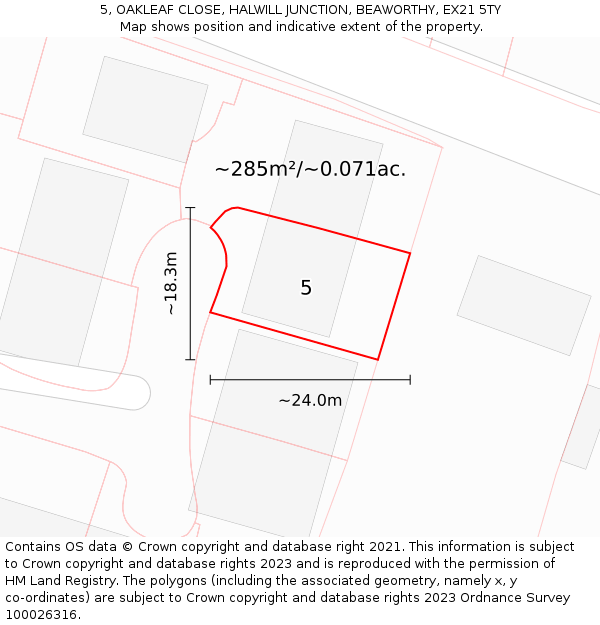 5, OAKLEAF CLOSE, HALWILL JUNCTION, BEAWORTHY, EX21 5TY: Plot and title map