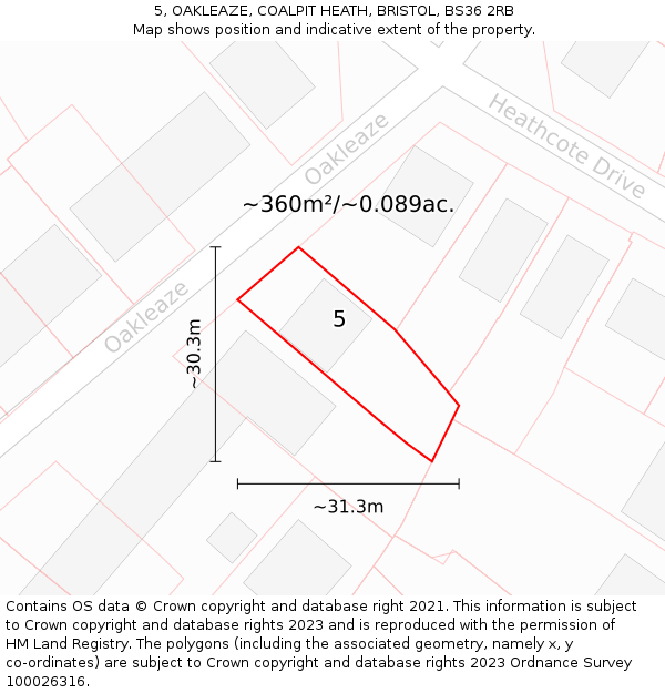 5, OAKLEAZE, COALPIT HEATH, BRISTOL, BS36 2RB: Plot and title map
