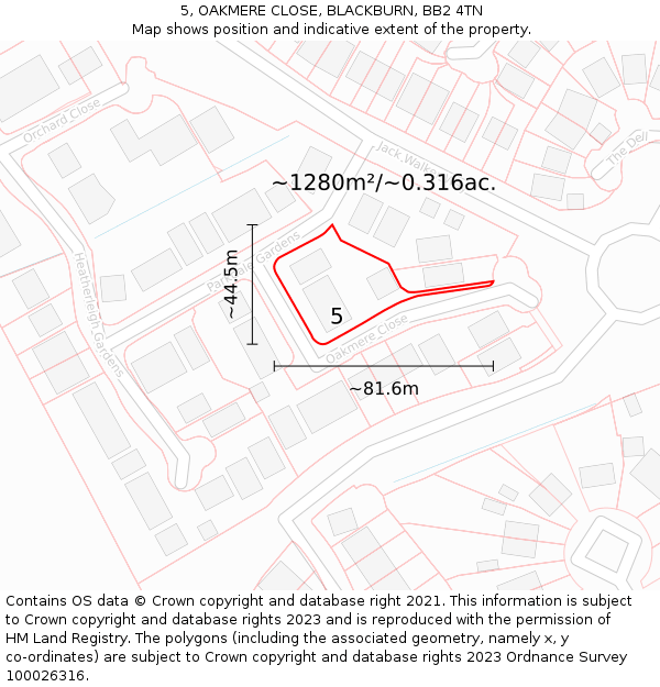 5, OAKMERE CLOSE, BLACKBURN, BB2 4TN: Plot and title map