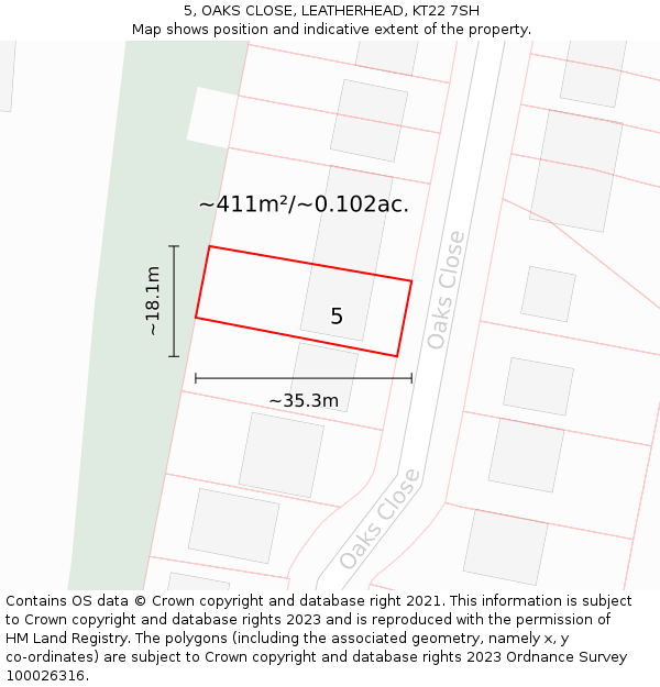 5, OAKS CLOSE, LEATHERHEAD, KT22 7SH: Plot and title map