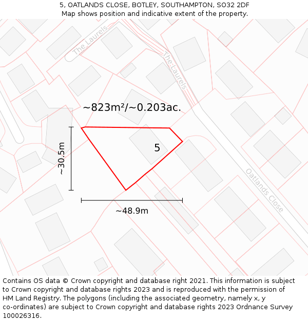 5, OATLANDS CLOSE, BOTLEY, SOUTHAMPTON, SO32 2DF: Plot and title map