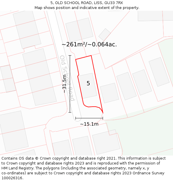 5, OLD SCHOOL ROAD, LISS, GU33 7RX: Plot and title map