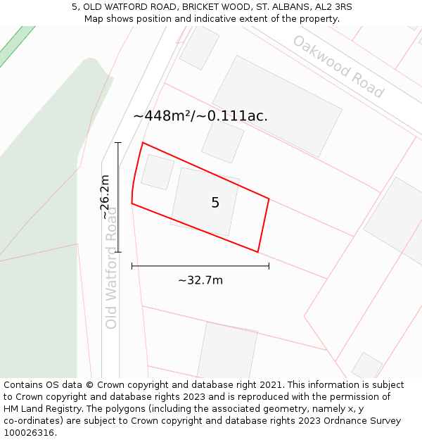 5, OLD WATFORD ROAD, BRICKET WOOD, ST. ALBANS, AL2 3RS: Plot and title map