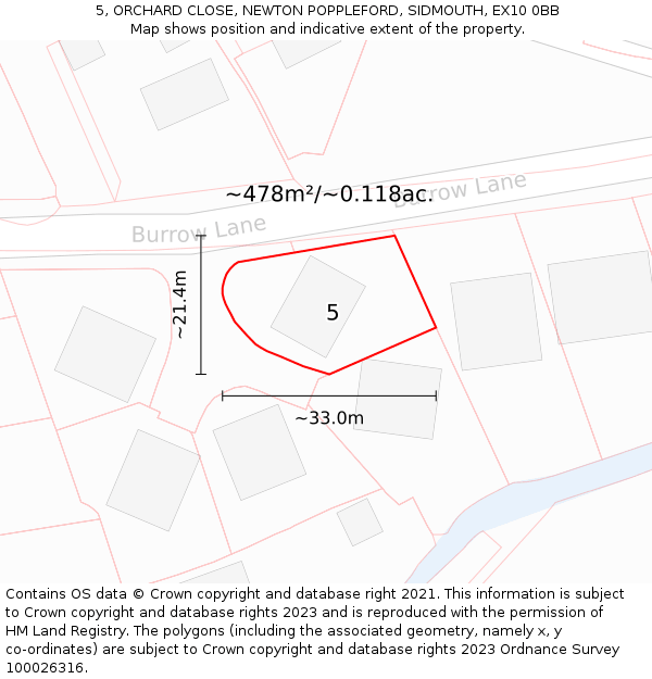 5, ORCHARD CLOSE, NEWTON POPPLEFORD, SIDMOUTH, EX10 0BB: Plot and title map