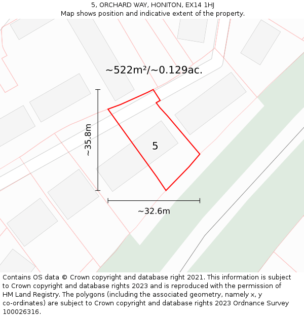 5, ORCHARD WAY, HONITON, EX14 1HJ: Plot and title map