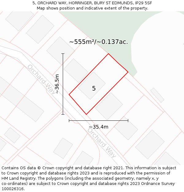 5, ORCHARD WAY, HORRINGER, BURY ST EDMUNDS, IP29 5SF: Plot and title map