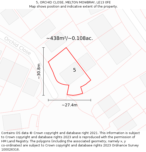 5, ORCHID CLOSE, MELTON MOWBRAY, LE13 0FE: Plot and title map