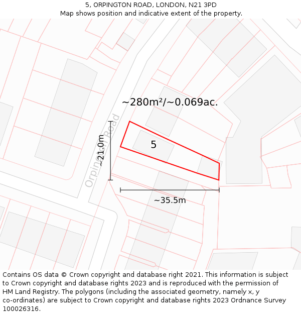 5, ORPINGTON ROAD, LONDON, N21 3PD: Plot and title map
