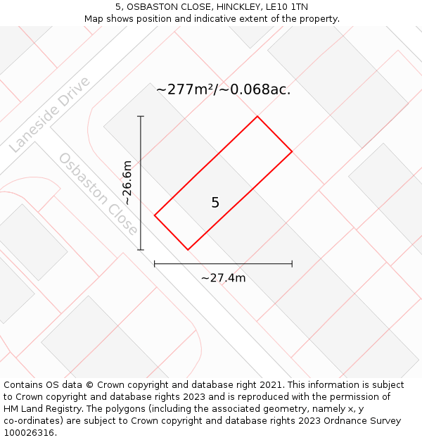 5, OSBASTON CLOSE, HINCKLEY, LE10 1TN: Plot and title map