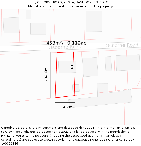 5, OSBORNE ROAD, PITSEA, BASILDON, SS13 2LG: Plot and title map