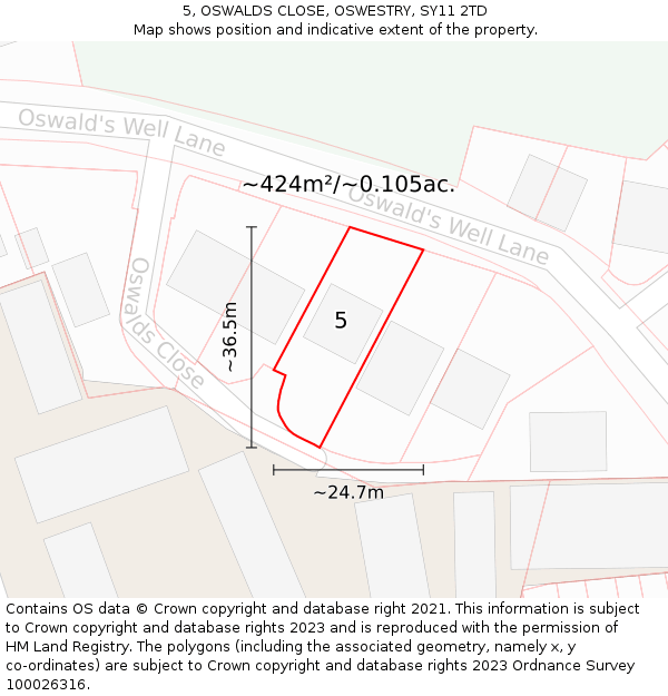 5, OSWALDS CLOSE, OSWESTRY, SY11 2TD: Plot and title map