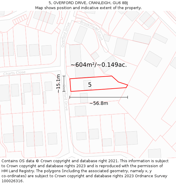 5, OVERFORD DRIVE, CRANLEIGH, GU6 8BJ: Plot and title map