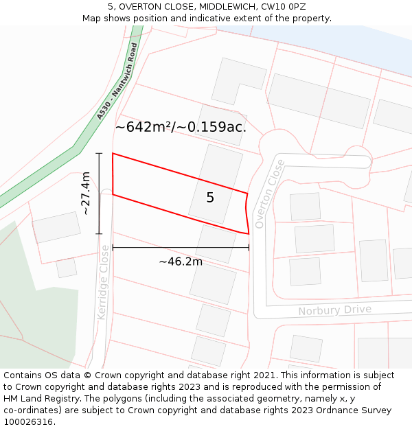 5, OVERTON CLOSE, MIDDLEWICH, CW10 0PZ: Plot and title map