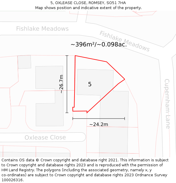 5, OXLEASE CLOSE, ROMSEY, SO51 7HA: Plot and title map